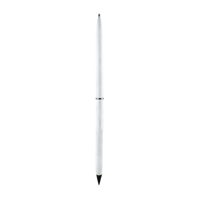 A double-ended pencil and ballpoint pen in white, featuring a sleek design and a logo.