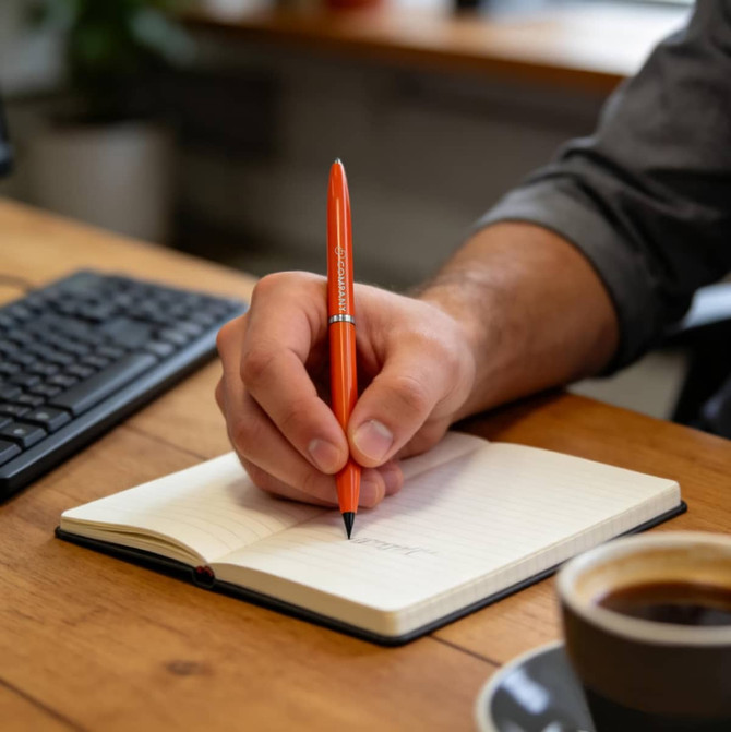 An orange double-ended pencil and ballpoint pen held above an open notebook on a wooden desk.
