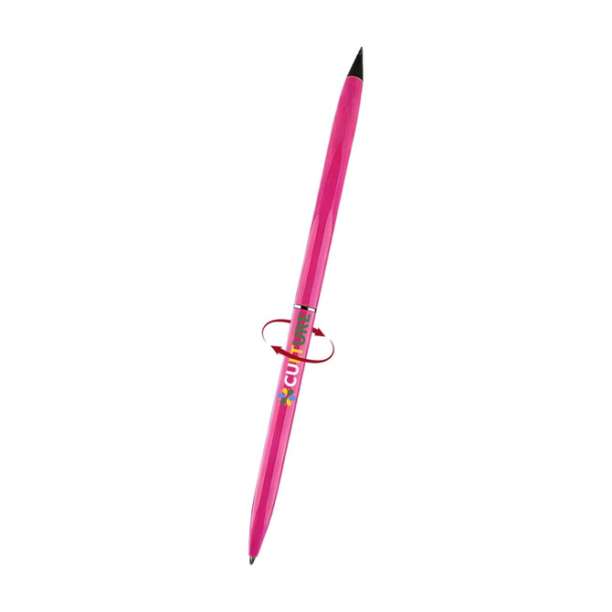A double-ended pencil and ballpoint pen in vibrant pink, featuring a logo and a decorative band.
