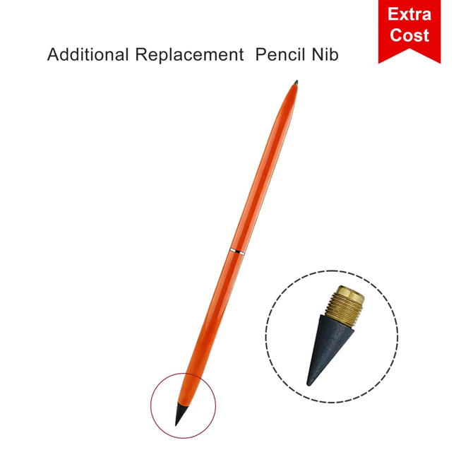 An orange double-ended pencil and ballpoint pen with a removable replacement nib. It features a branding logo.