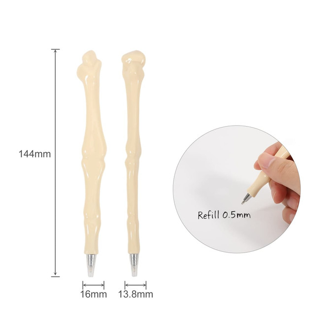 A Finger Bone Pen in a beige colour, featuring a bone design with a silver pen tip. Includes a refill size of 0.5mm.