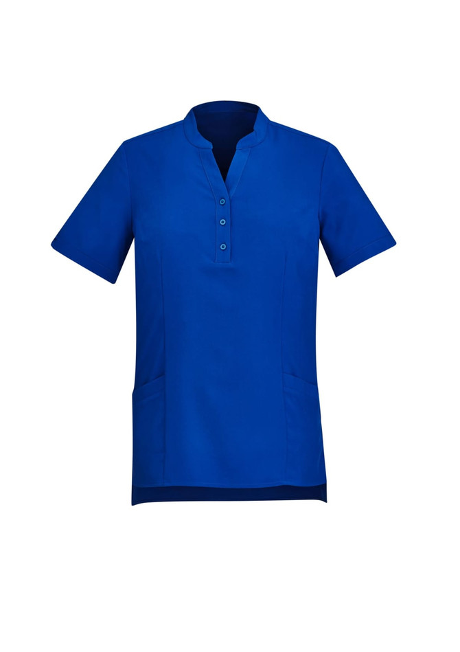 A blue women's tunic featuring short sleeves, a collarless design, and front buttons, with side pockets and a logo.