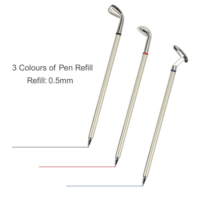 A golf pen gift set featuring three pens designed like golf clubs with silver accents and white barrels.