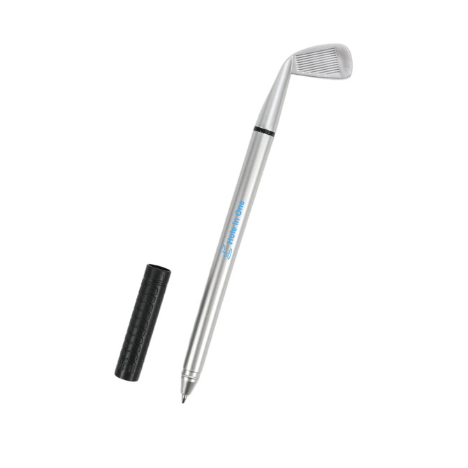 A silver golf pen featuring a golf club design, accompanied by a black grip cover.