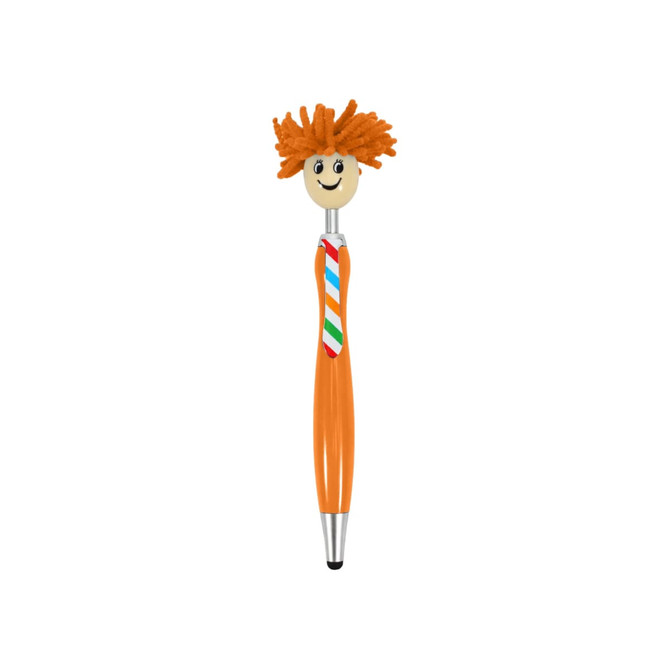 A quirky orange pen with a smiling face, bright orange hair, and a striped tie. It features a logo on the side.