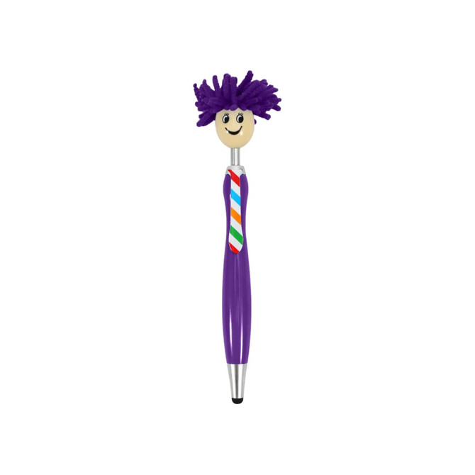A purple pen with a smiling head and colourful hair, featuring a striped tie design. It includes a logo.