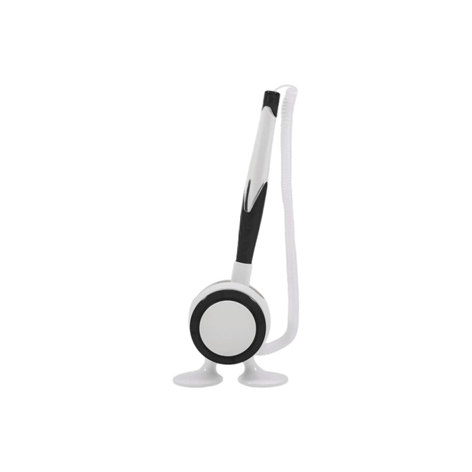 A pen with a white body, black accents, and a flexible cord attached, featuring a circular base and a silver clip.