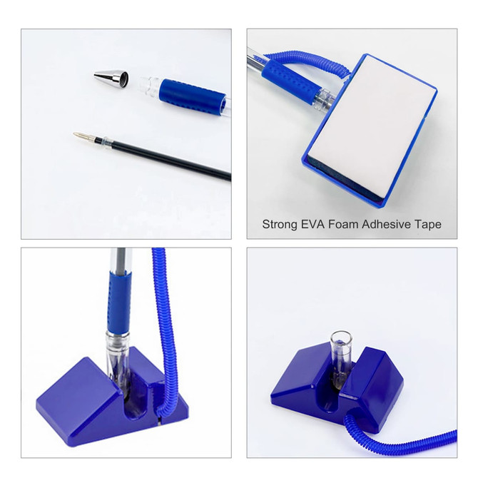 A blue fixed signature pen with a triangular stand and a white adhesive pad. Includes a retractable pen tip.