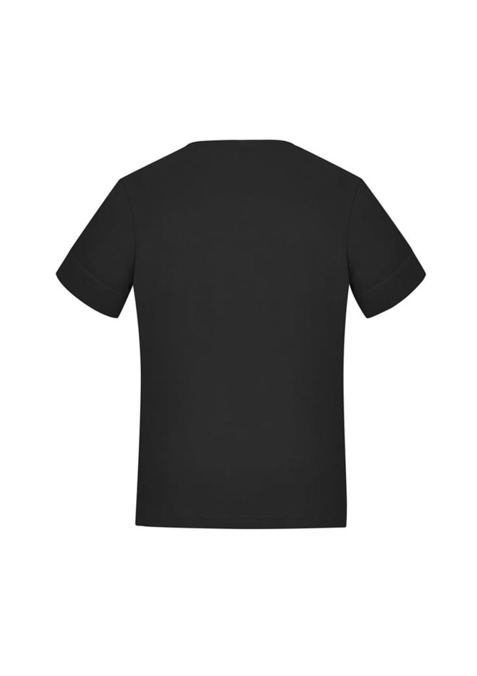 A black women's short sleeve jersey top featuring a simple design and a logo on the back.