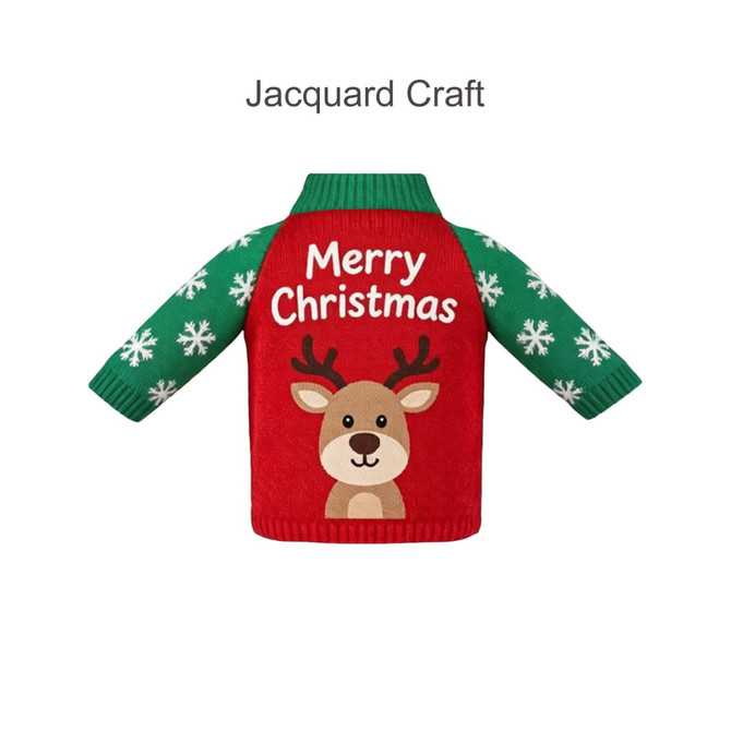 A drink bottle sleeve featuring a red body with a reindeer, green sleeves, and snowflake patterns.