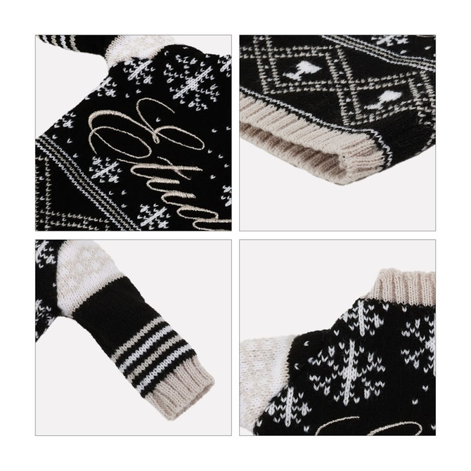 A drink bottle sleeve featuring a black and cream knitted design with intricate patterns and a snug fit.