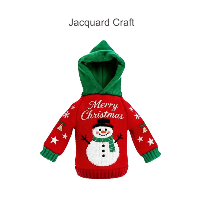 A drink bottle cover in red and green, featuring a snowman design and a hood. It has a logo on it.