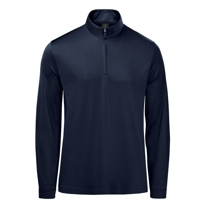 A navy blue men's pullover featuring a 1/4 zip collar and long sleeves, with a logo on the chest.