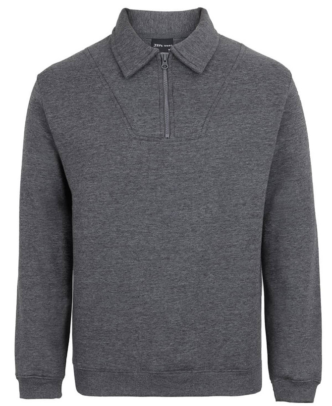 A dark grey 1/2 zip fleecy jumper featuring a collar and long sleeves, with a subtle logo.