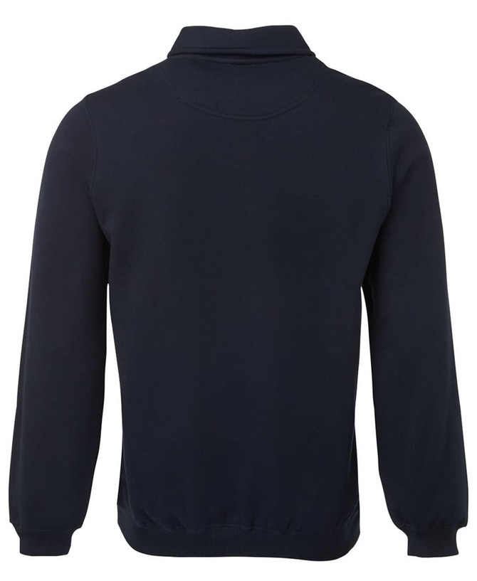 A navy 1/2 zip fleece jumper with long sleeves, featuring a collar and a branded logo.