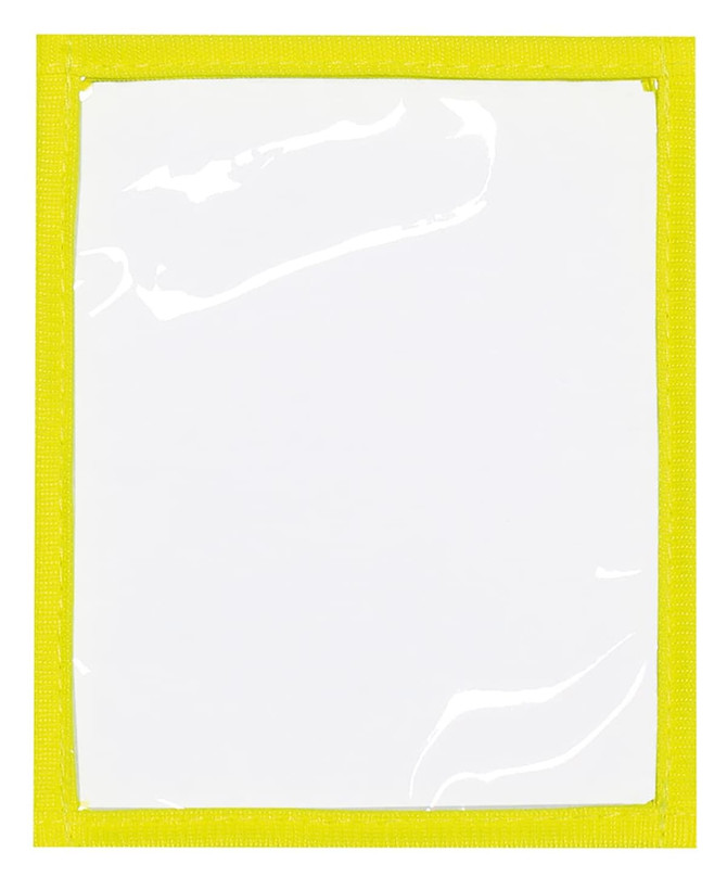 A transparent plastic pocket with a bright yellow border, suitable for holding documents.