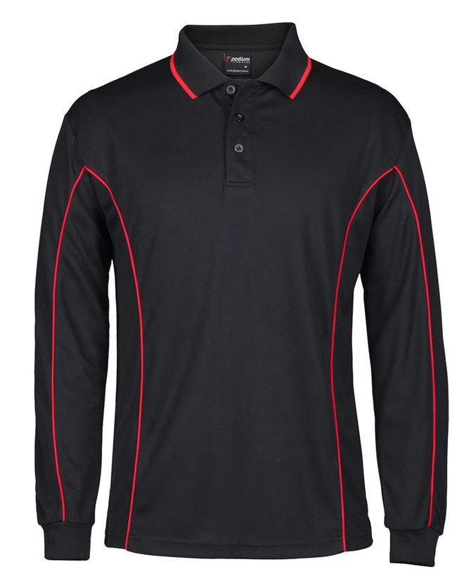 Long sleeve black polo shirt with red piping and a collar, featuring a logo on the chest.