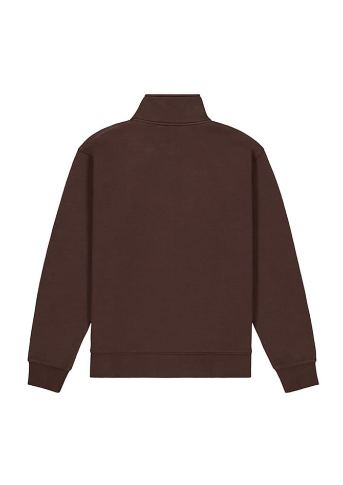 A brown men's jumper with a 1/4 zip, featuring a high collar and long sleeves. The back is plain and unadorned.