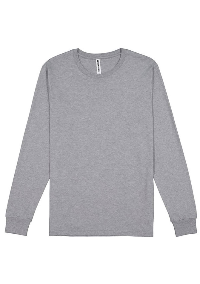 A grey long sleeve t-shirt with a crew neckline and a tag inside, featuring a brand logo.