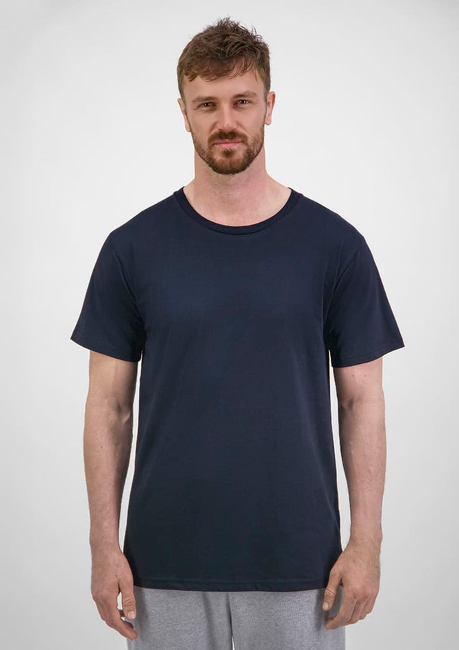 A navy short sleeve tee for men, featuring a round neckline and a simple, clean design. The shirt has a logo.