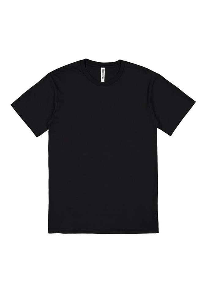 A black short sleeve T-shirt, featuring a simple design and a logo on the label.