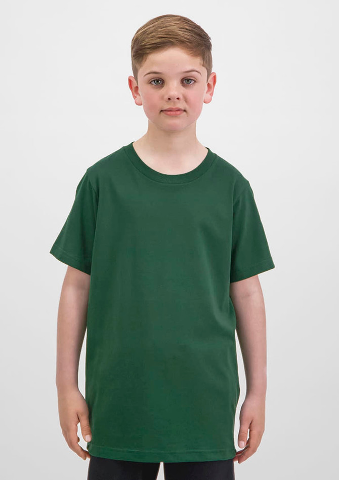 A green short sleeve tee for kids displayed on a young boy, featuring a simple design and a logo.