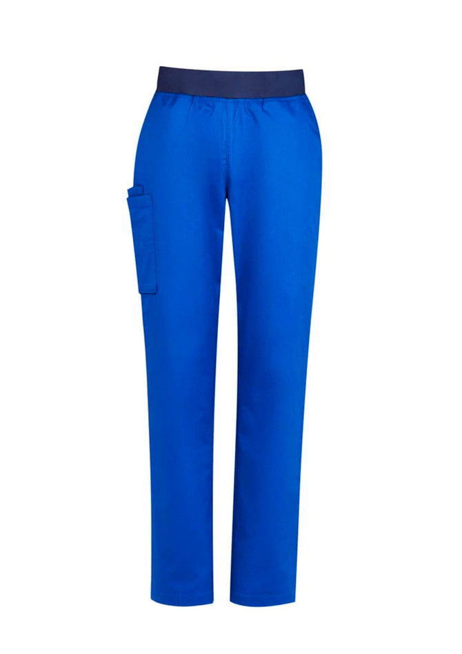 A pair of women's straight leg scrub pants in vibrant blue, featuring a side pocket and an elastic waistband.