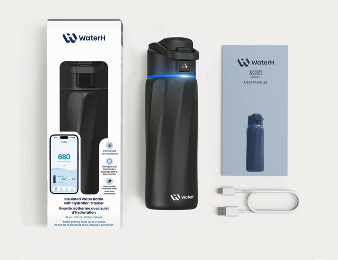 A drink bottle in matte black with a detachable lid, alongside a user manual and USB charging cable.