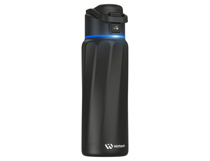 A drink bottle in black with a sleek design and a light band near the top; features a logo.