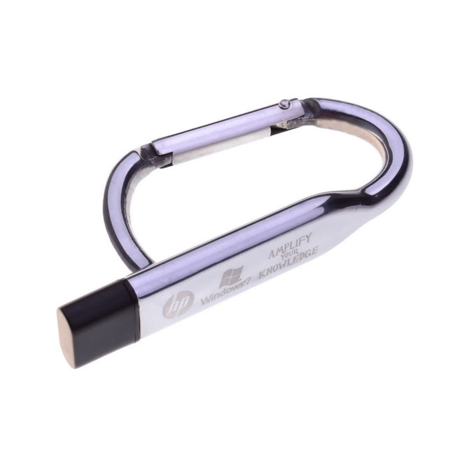 A metallic silver carabiner USB flash drive with a distinctive shape, featuring a small branding logo.