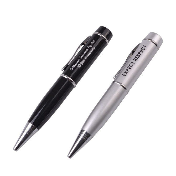 A set of two pens, one black and one silver, each featuring a clip and a branding logo.
