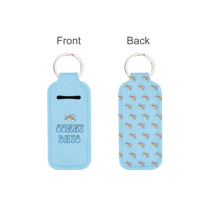 A blue neoprene keychain holder featuring a rainbow design and a repeating pattern on the back, with a keyring attachment.