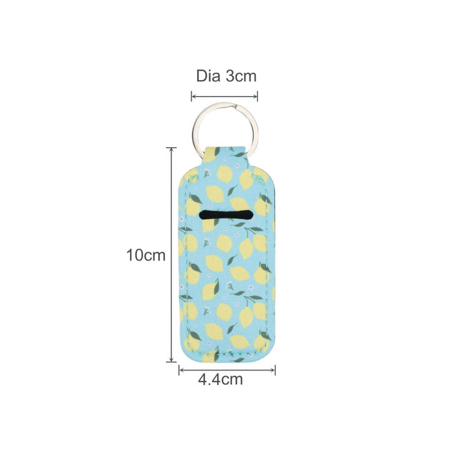 A blue neoprene bag featuring a lemon pattern, with dimensions and a keyring attachment.