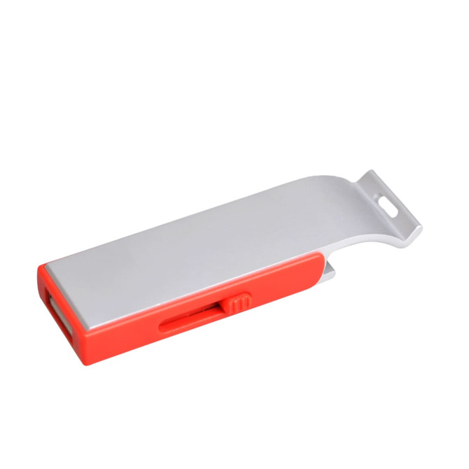 A drink bottle opener and flash drive in red and silver with a logo on the side.