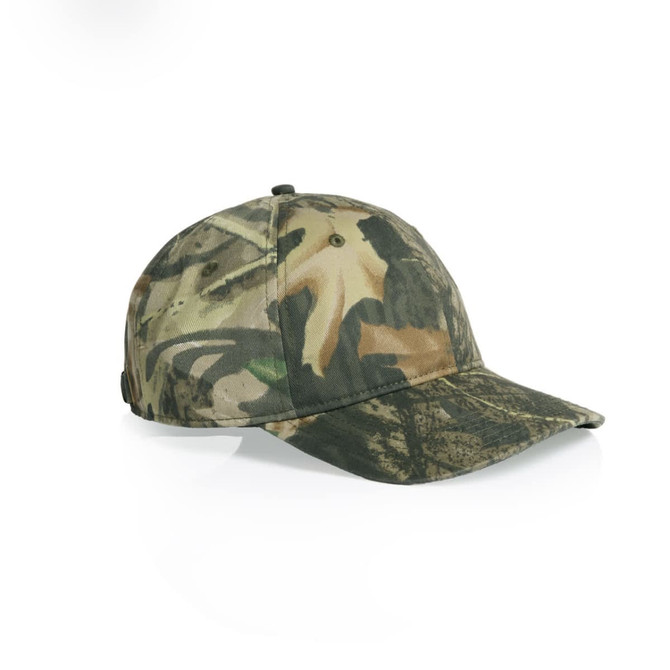 A camouflage cap in shades of green and brown, featuring a curved brim and a branding logo.