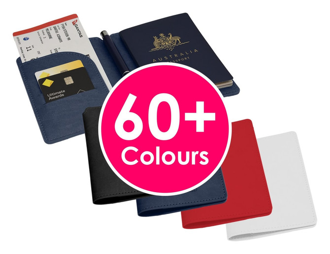 A passport wallet in multiple colours, including blue, black, red, and white, with a card slot and a logo.