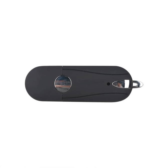 A black Aster Flash Drive with a metallic silver clip for easy attachment, featuring a sleek oval design.