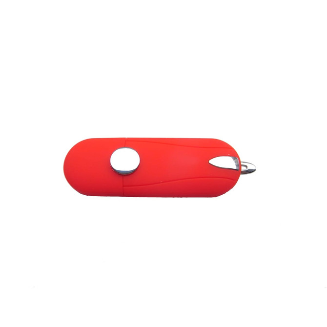 A red Aster Flash Drive with a sleek design and a silver clip for attachment. It features a logo on the side.