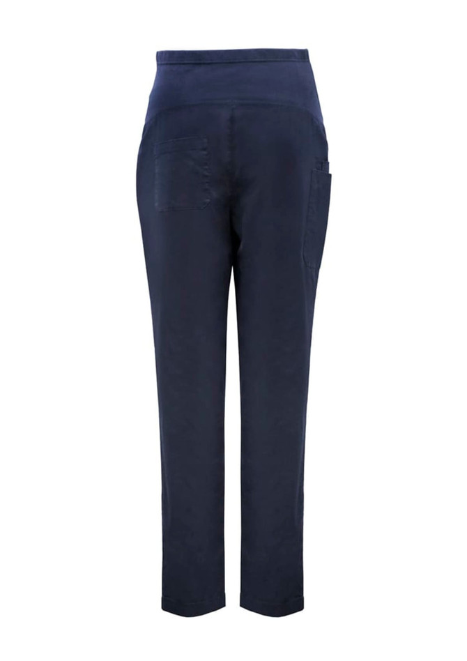 Navy women's maternity scrub pants with a high waistband and back pockets. Features a simple design with a logo.