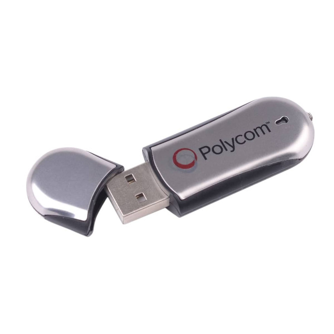 A silver and black USB flash drive with a cap, featuring a logo on the side.