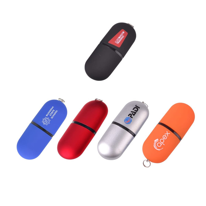 A collection of five capsule-shaped flash drives in black, blue, red, silver, and orange, each with a logo.