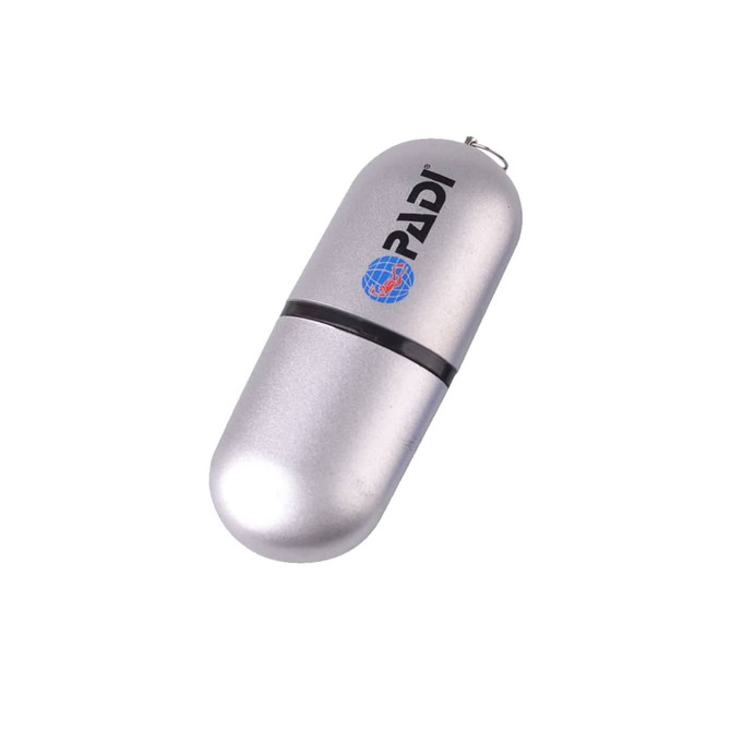 A sleek silver flash drive with a rounded capsule shape and a logo. It features a keychain attachment.