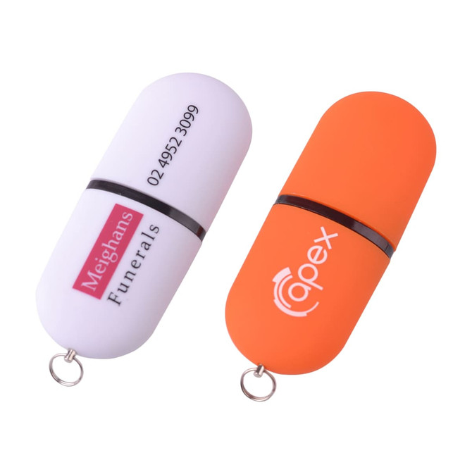 A set of two flash drives, one white with black accents and one orange, featuring branding on each.