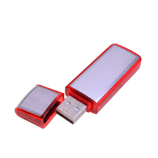 A red and silver USB flash drive with a removable cap, featuring a sleek design and a logo.