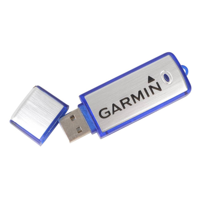 A blue and silver USB flash drive with a cap and a logo. It has a rectangular shape and a standard USB connector.