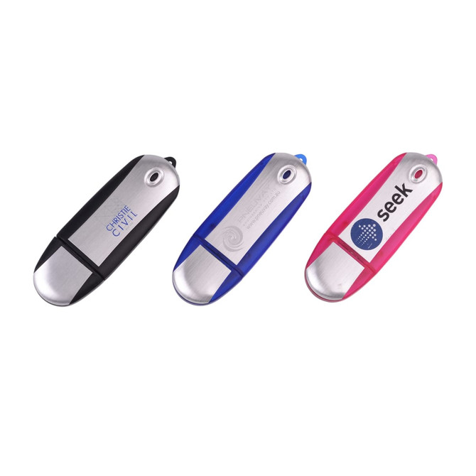 Three Galaxy Flash Drives in black, blue, and pink, featuring metallic silver accents and logos on each drive.