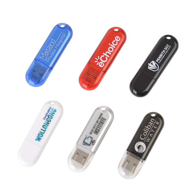 A collection of six flash drives in red, blue, black, grey, white, and clear, featuring various logos.