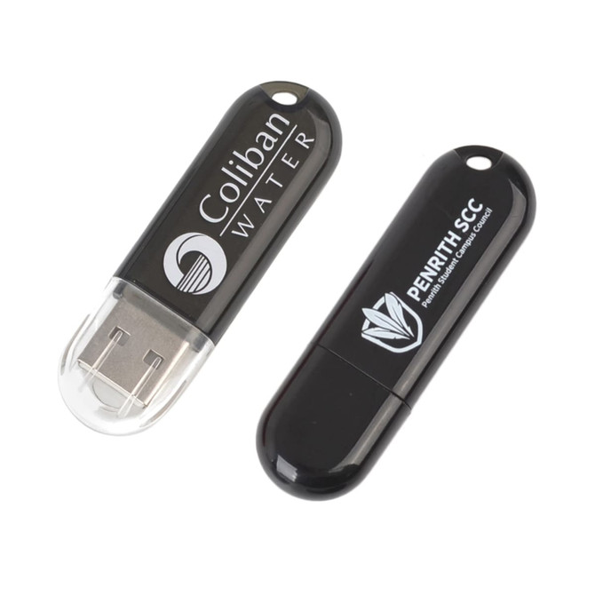 A black flash drive with a transparent cap, featuring a logo on one side and a solid surface on the other.