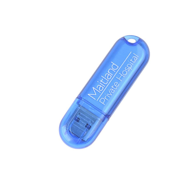 A blue flash drive with a transparent casing, featuring a logo and a USB connector.