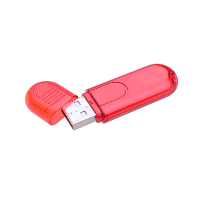 A red USB flash drive with a removable cap. It has a sleek design and features a logo.